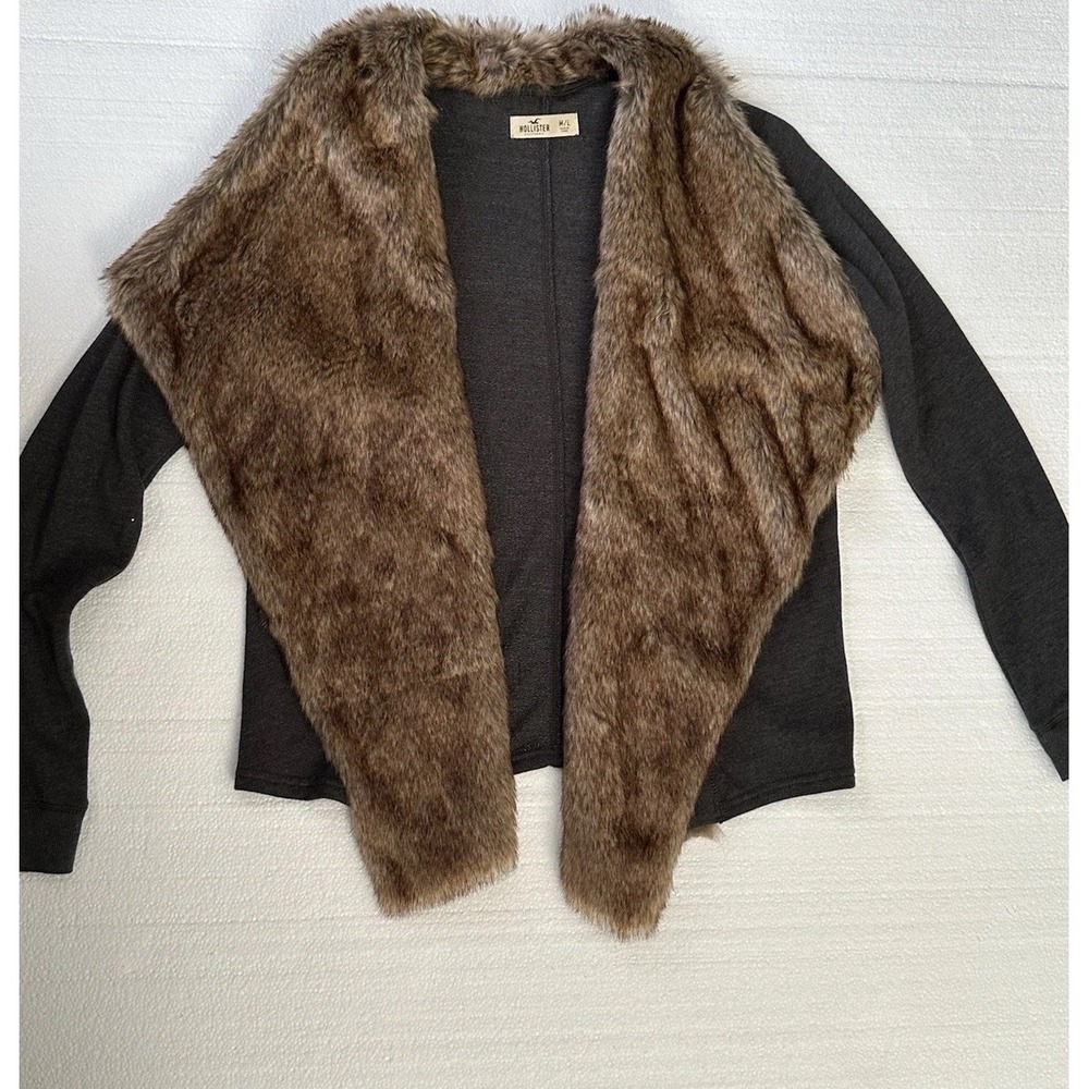 Hollister Top Women M/L Faux Fur Lined Long Sleeve Open‎ Front Sweater Gray